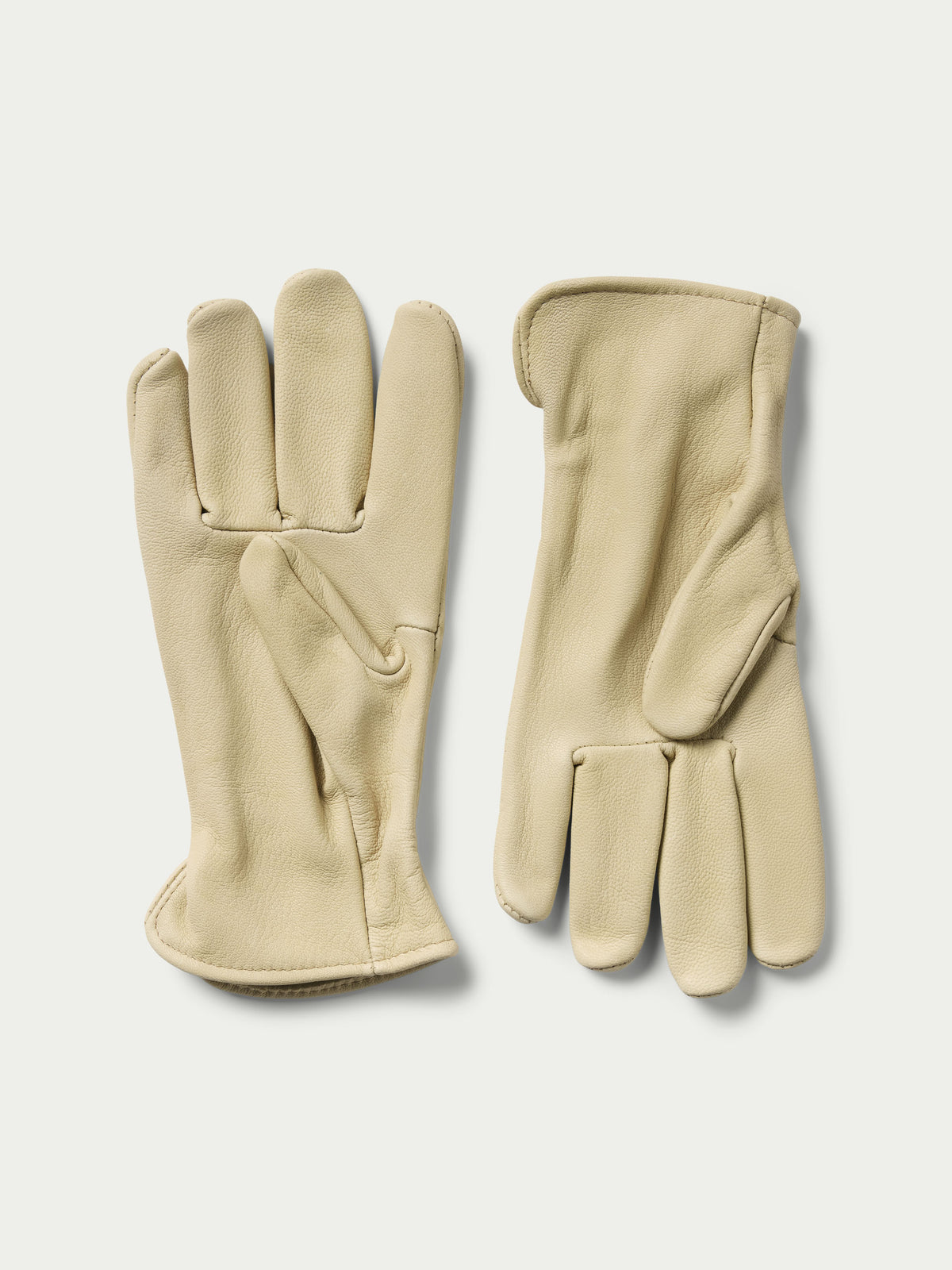 Natural goatskin gloves shown as a pair, front and back, five-finger design