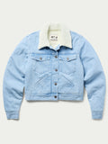 Light wash denim jacket with cream sherpa-lined collar and chest pockets