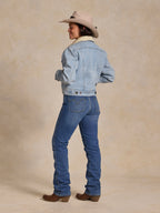Light wash denim sherpa-lined jacket, button front, back view, cuff and seams
