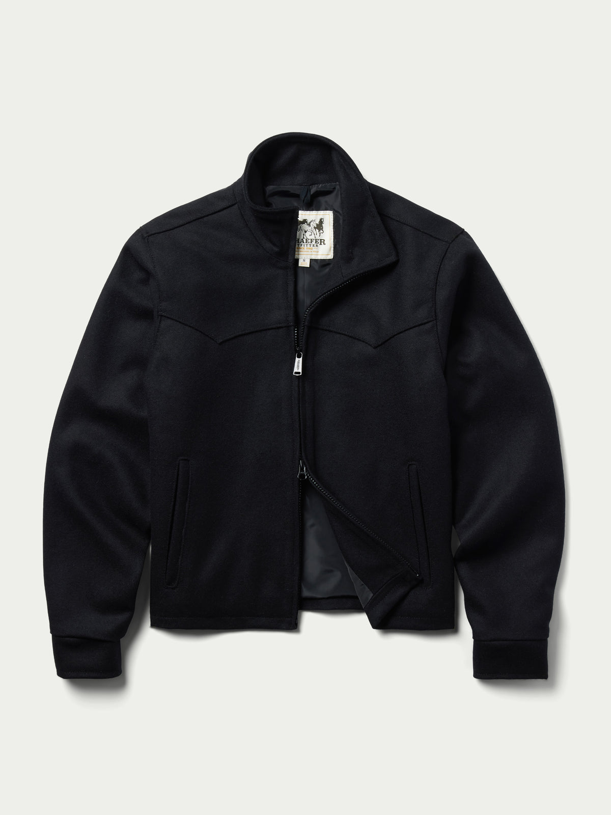 Women's black wool arena jacket, front zip-up with stand collar and two flap pockets