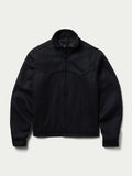 Women's black wool arena jacket, front zip-up with two flap pockets and ribbed cuffs