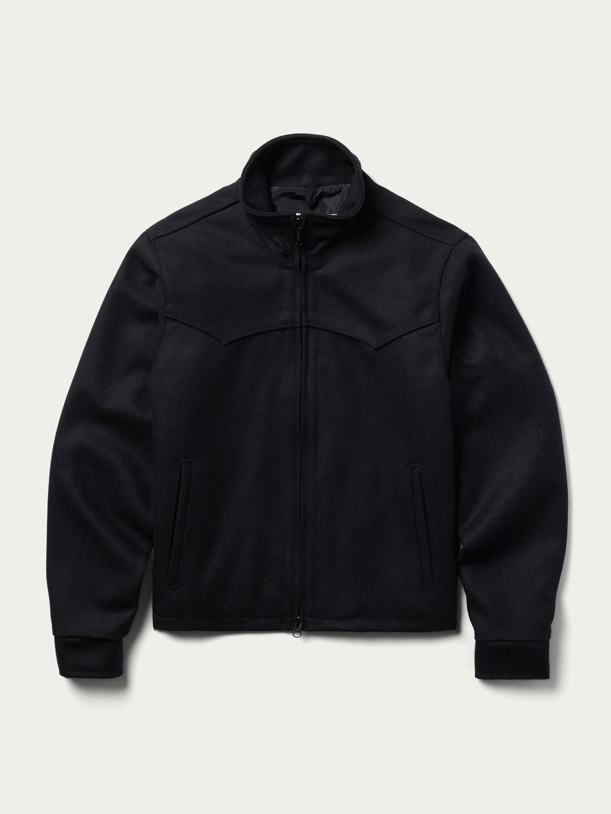 Women's black wool arena jacket, front zip-up with two flap pockets and ribbed cuffs