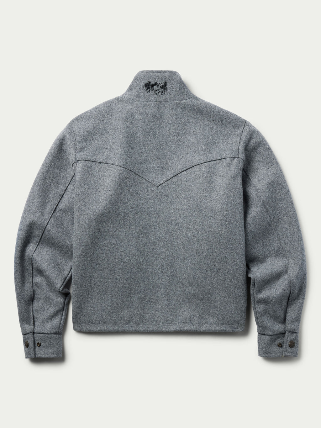 Heather gray wool arena jacket, back view with stand collar