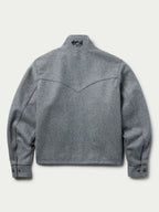 Heather gray wool arena jacket, back view with stand collar
