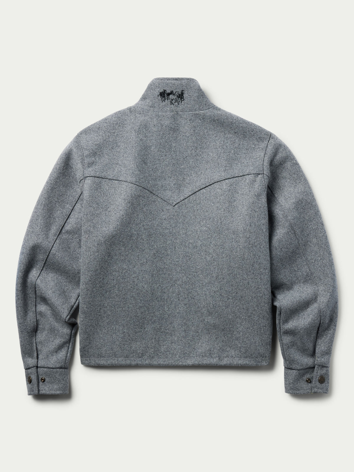 Heather gray wool arena jacket, back view with stand collar