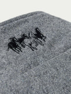 Heather gray wool jacket with black horse logo on upper back