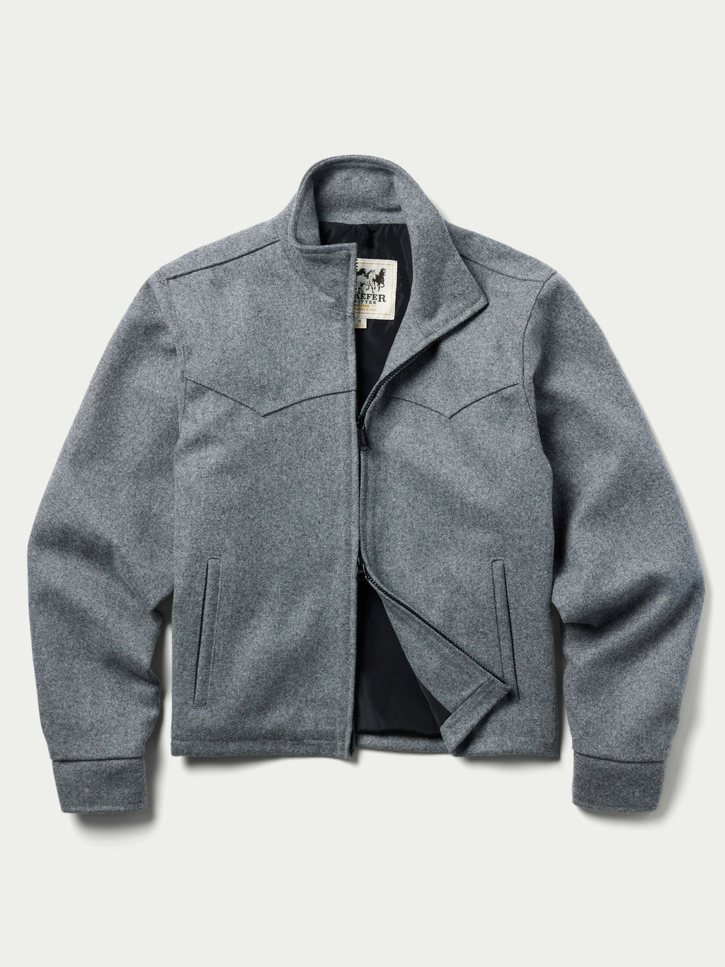 Heather gray wool arena jacket with zip front and zip-flap pockets