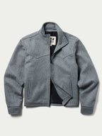 Heather gray wool arena jacket with zip front and zip-flap pockets