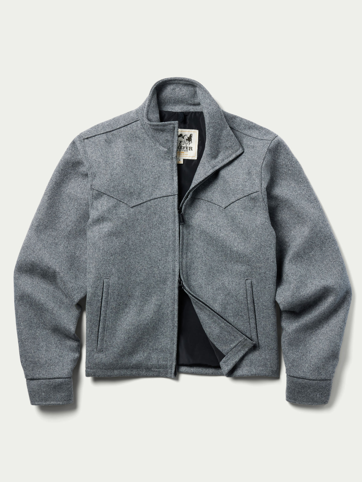 Heather gray wool arena jacket with zip front and zip-flap pockets