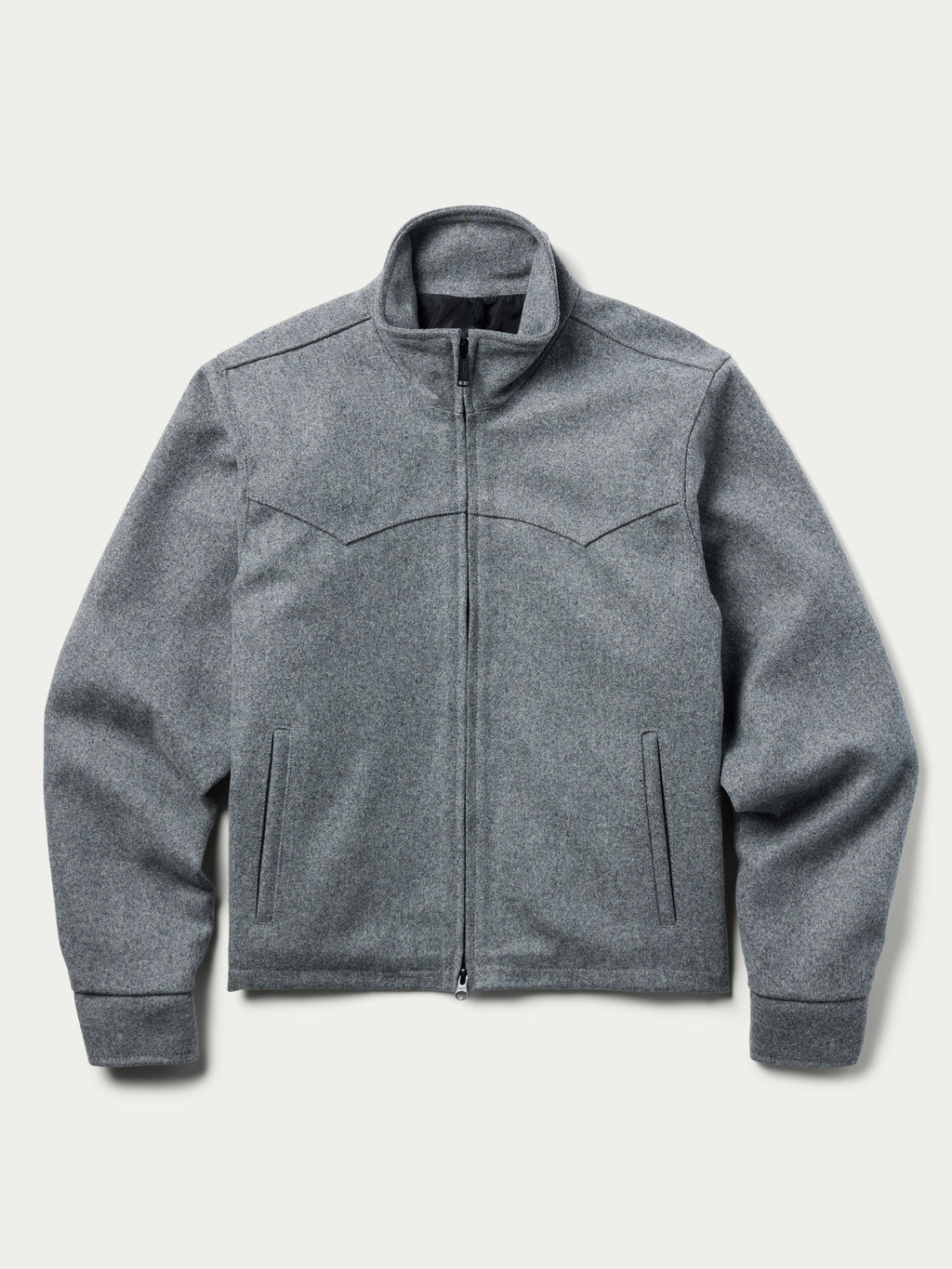 Heather gray wool arena jacket with zip front and front pocket zippers