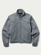 Heather gray wool arena jacket with zip front and front pocket zippers