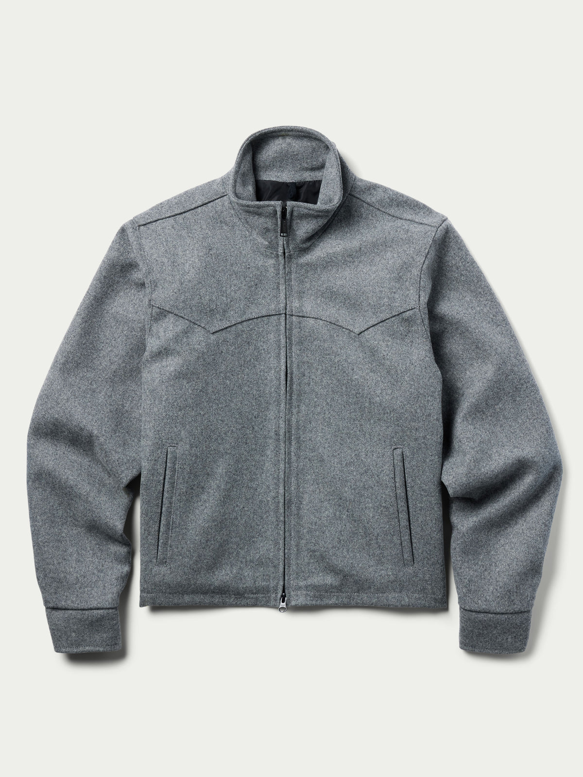 Heather gray wool arena jacket with zip front and front pocket zippers