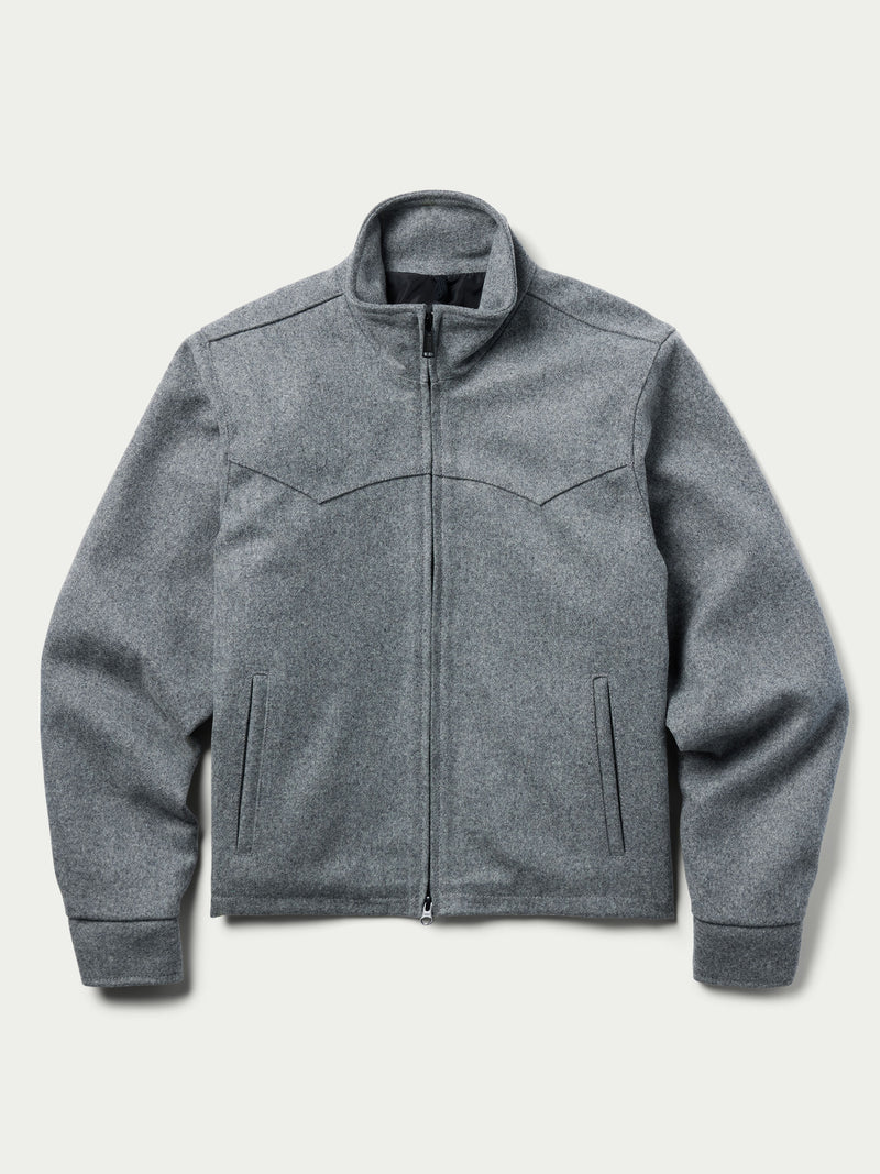 Heather gray wool arena jacket with zip front and front pocket zippers