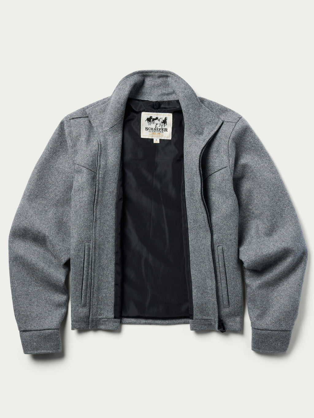 Heather gray wool jacket with black interior lining and neck label