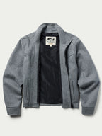 Heather gray wool jacket with black interior lining and neck label