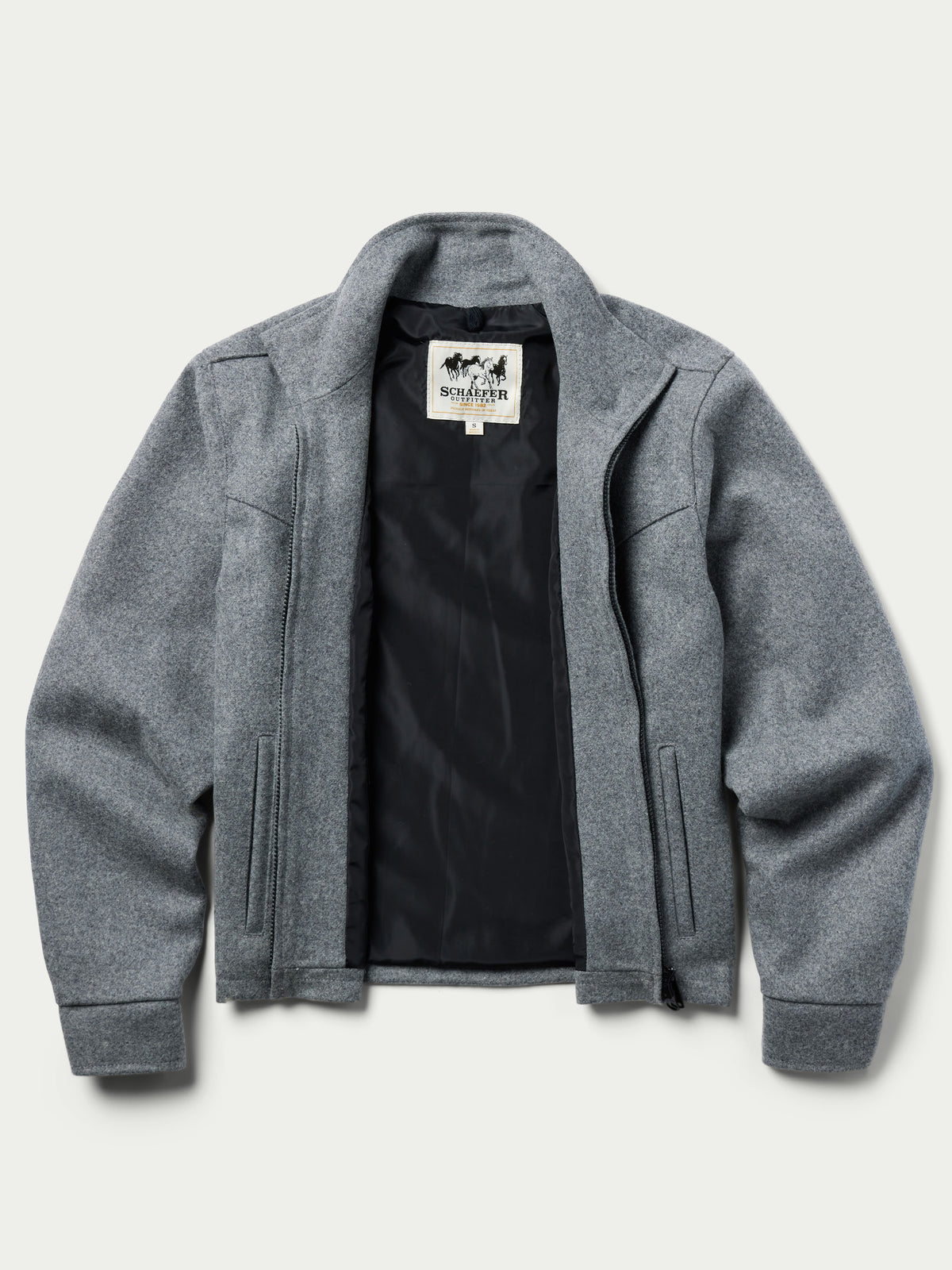 Heather gray wool jacket with black interior lining and neck label