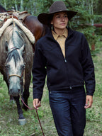 Women's dark wool zip-up jacket with high collar and front zipper