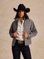 Heather gray wool arena jacket with hood and full zip front, worn with side pockets