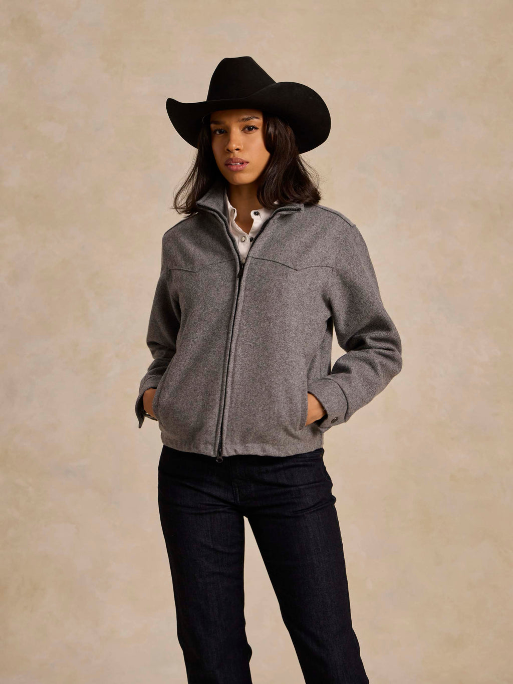 Heather gray hooded wool arena jacket with full zipper front and side pockets