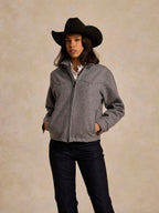 Heather gray hooded wool arena jacket with full zipper front and side pockets
