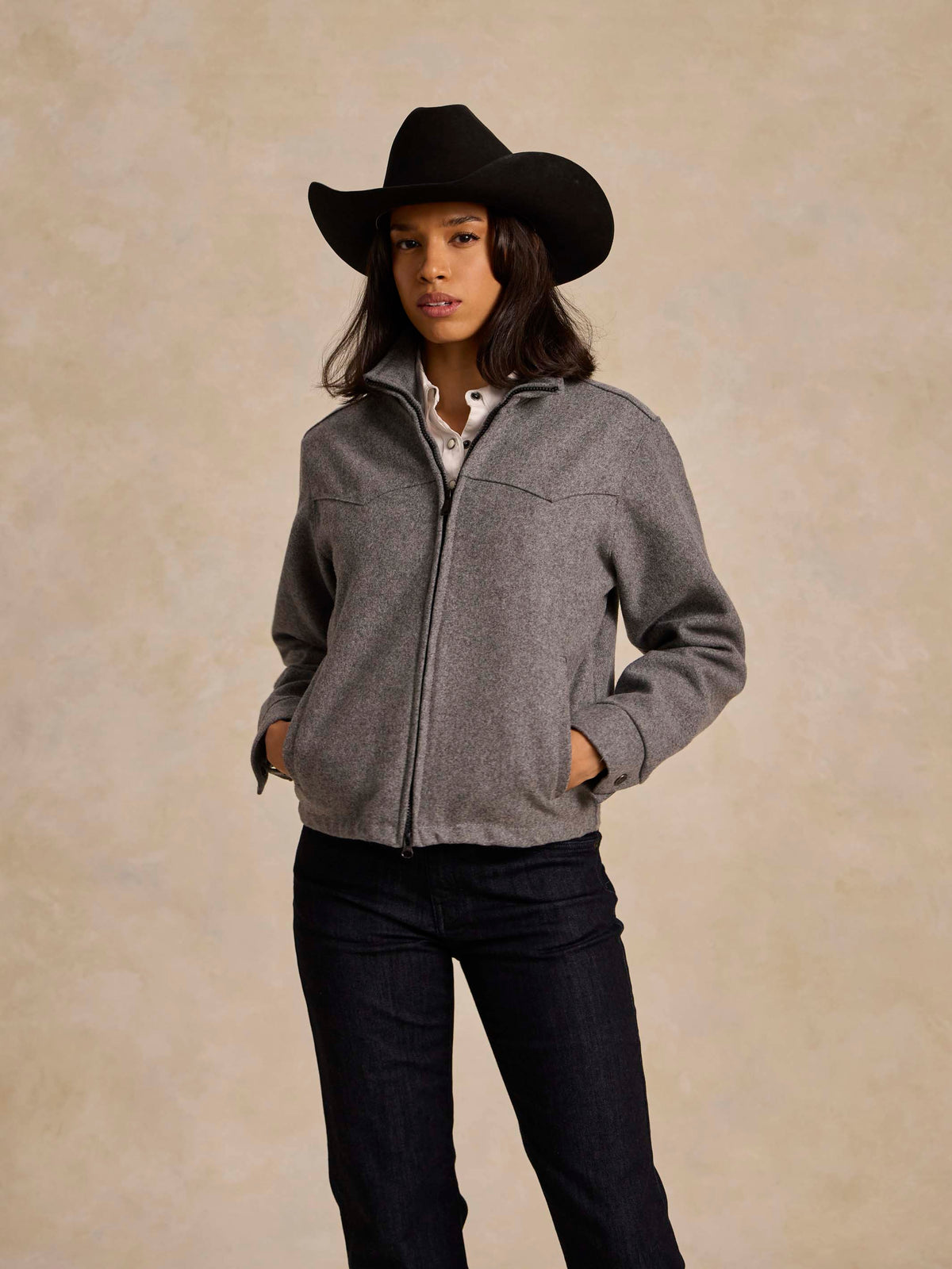 Heather gray hooded wool arena jacket with full zipper front and side pockets