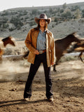 Camel wool rancher hat for women, wide brim and indented crown