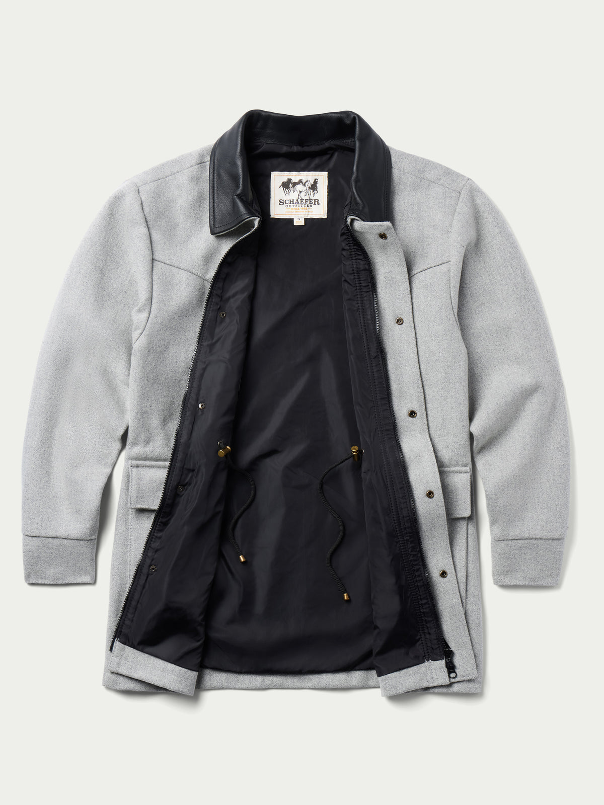 Light gray wool ranch jacket with black collar and snap-button front