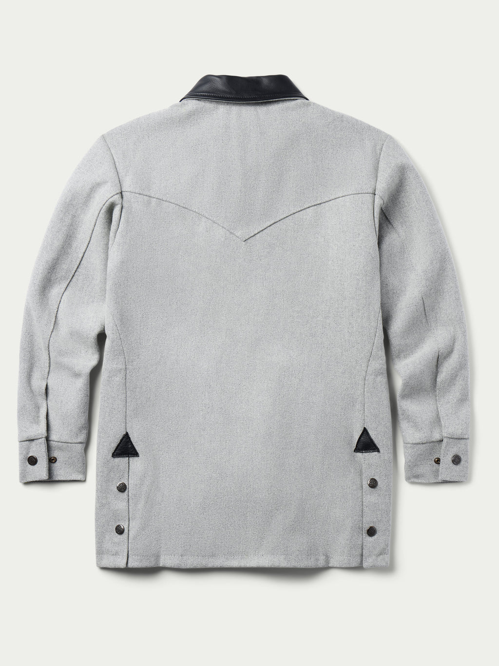 Light gray wool ranch jacket back view with snap-button placket