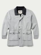 Light gray wool ranch jacket with snap front and two chest flap pockets