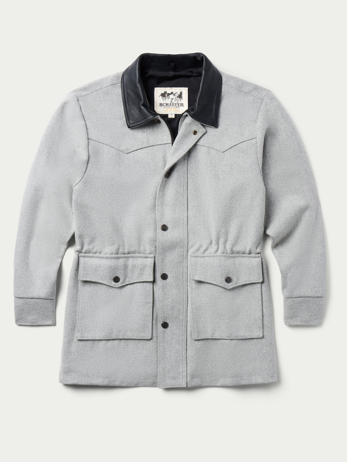 Light gray wool ranch jacket with snap front and two chest flap pockets