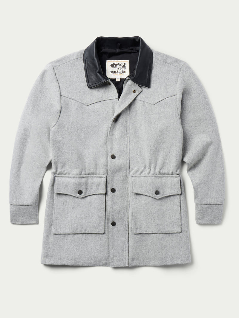 Light gray wool ranch jacket with snap front and two chest flap pockets