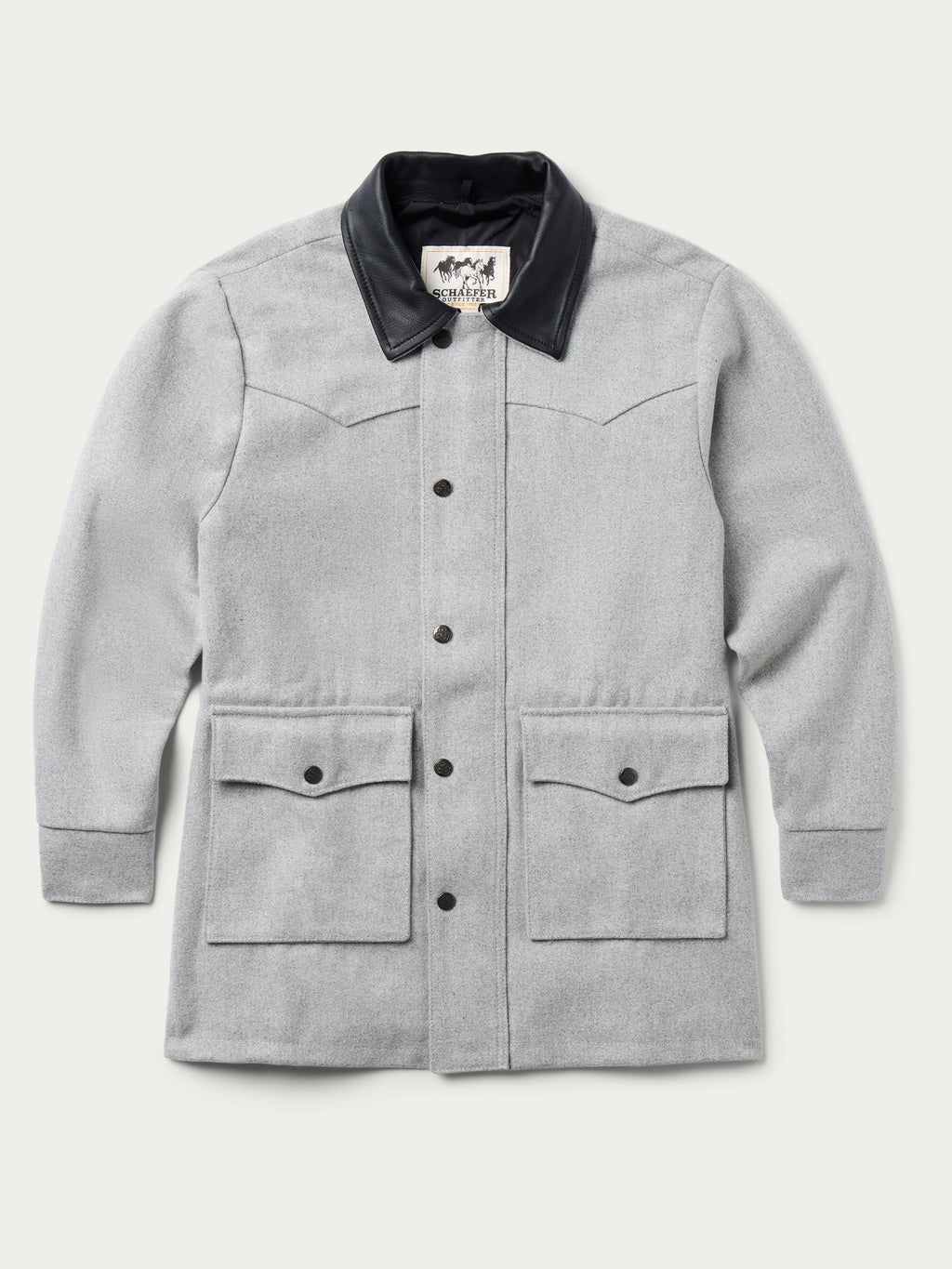 Light gray wool ranch jacket front view with black collar and flap pockets