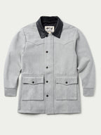 Light gray wool ranch jacket front view with black collar and flap pockets