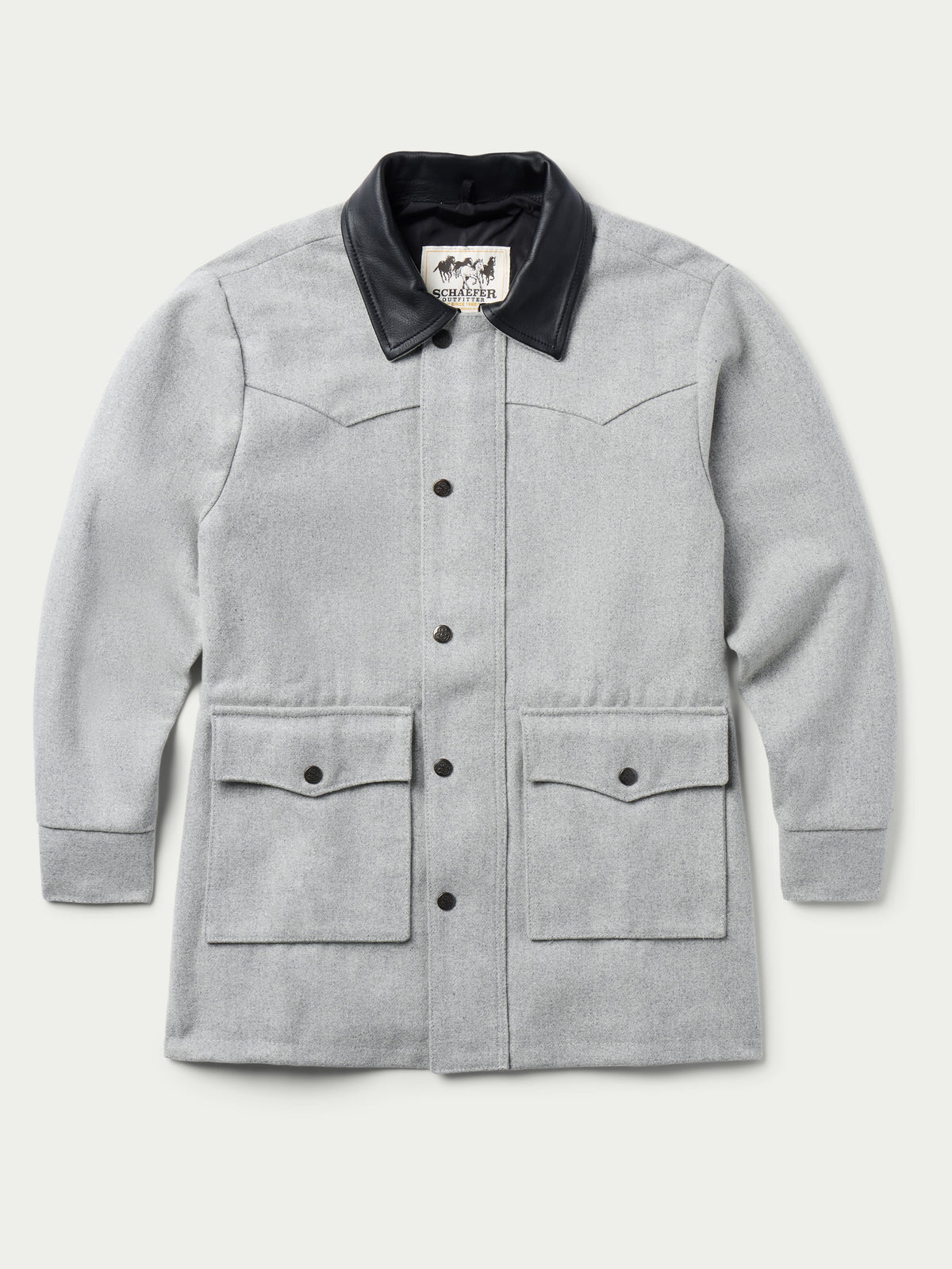 Light gray wool ranch jacket front view with black collar and flap pockets