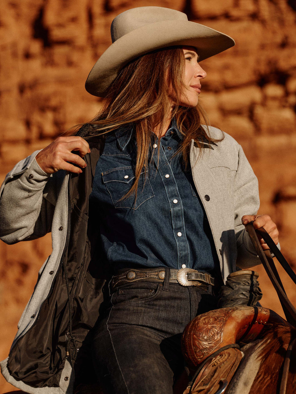 Light gray wool rancher jacket with snap front and flap chest pocket