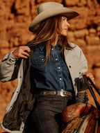 Light gray wool rancher jacket with snap front and flap chest pocket