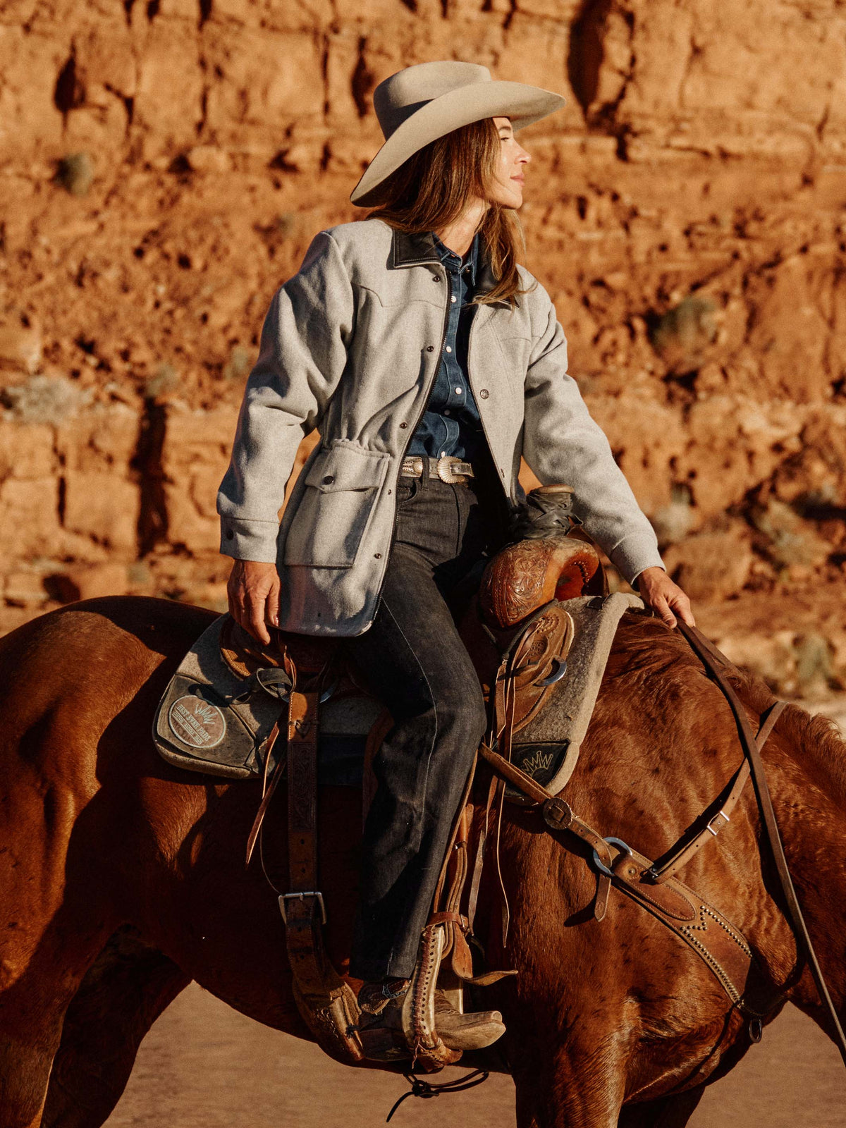 Light gray wool rancher jacket with button front and side flap pockets