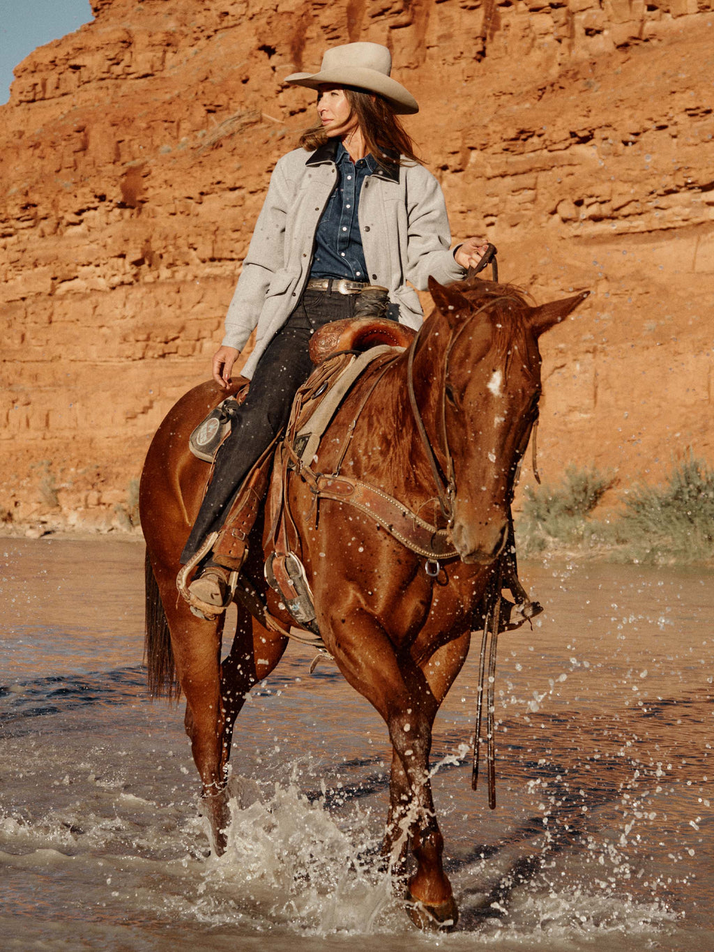 Light gray wool rancher jacket with button front and flap pockets