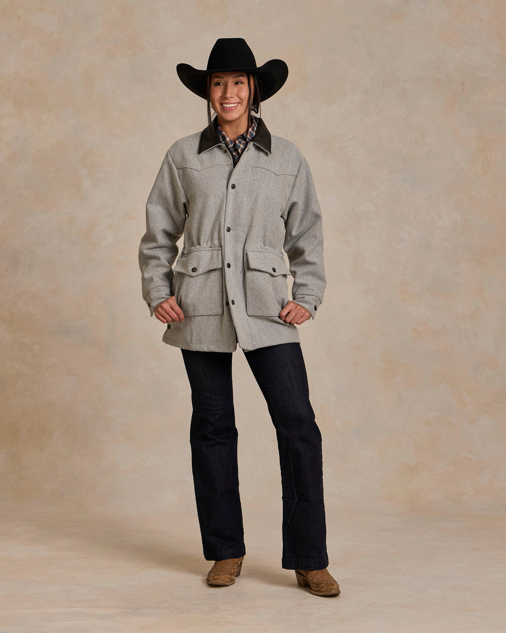 Light gray wool ranch jacket worn by model
