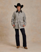 Light gray wool ranch jacket worn by model