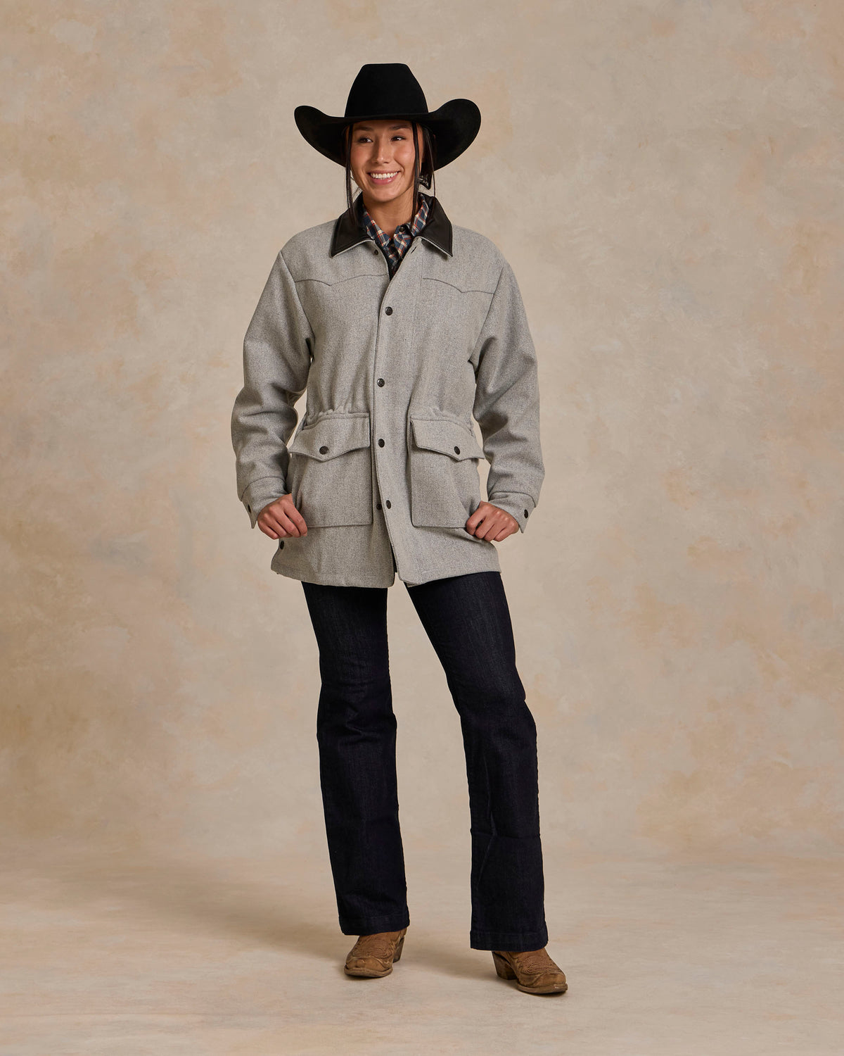 Light gray wool ranch jacket worn by model