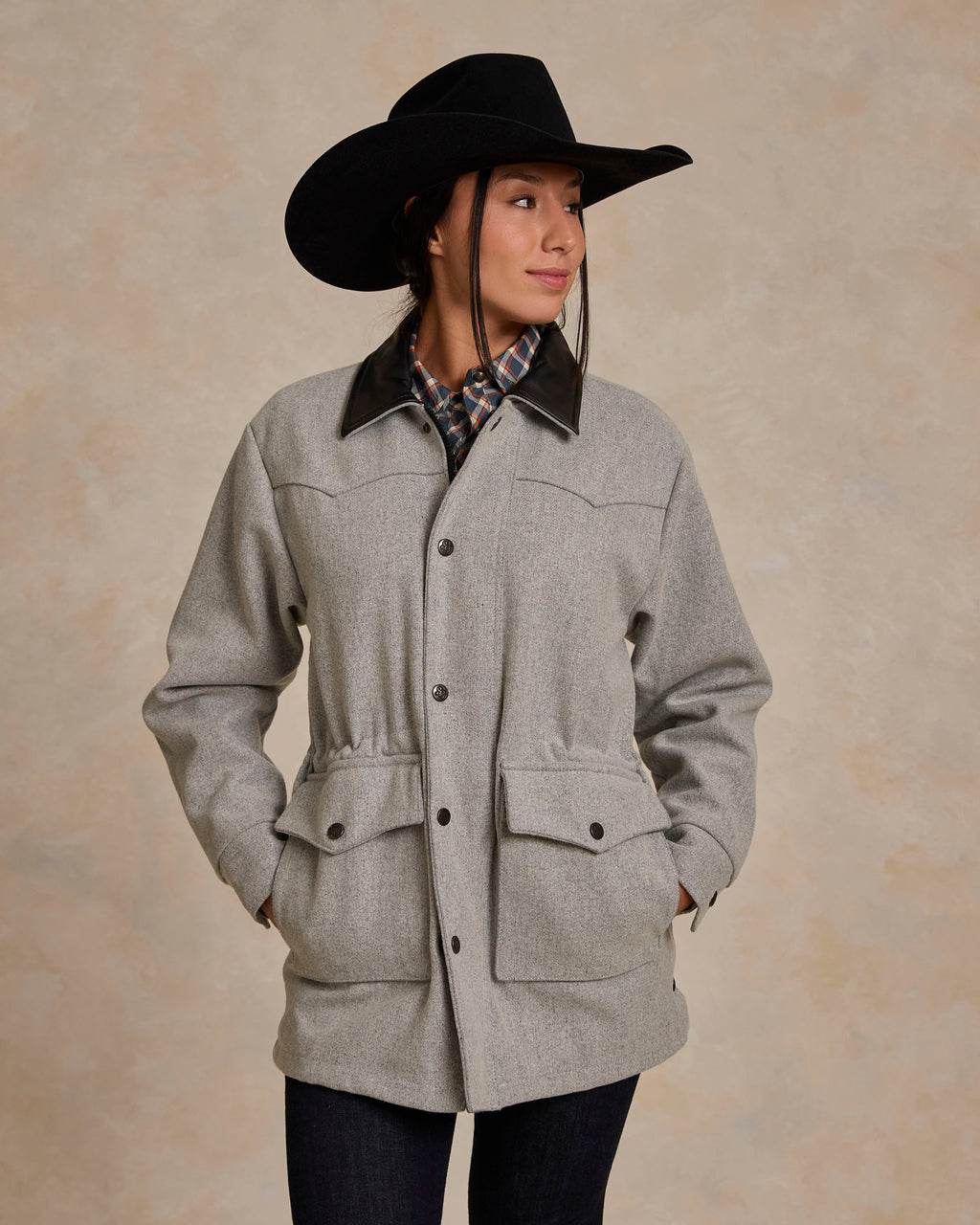 Light gray wool ranch jacket worn by model in three-quarter view