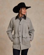 Light gray wool ranch jacket worn by model in three-quarter view
