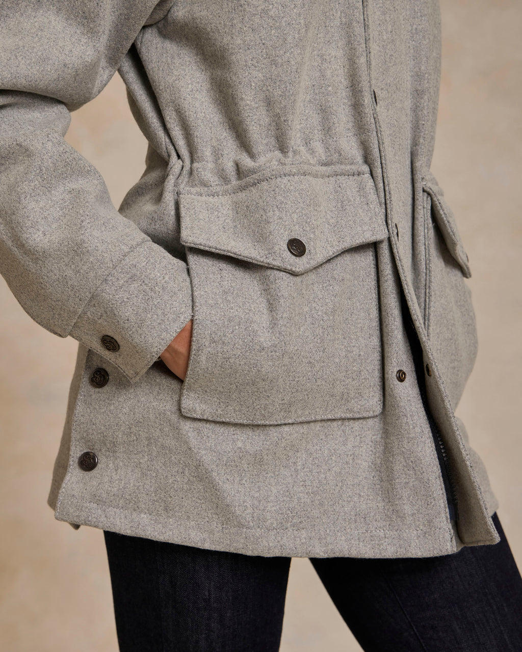 Light gray wool rancher jacket with button front and flap pockets