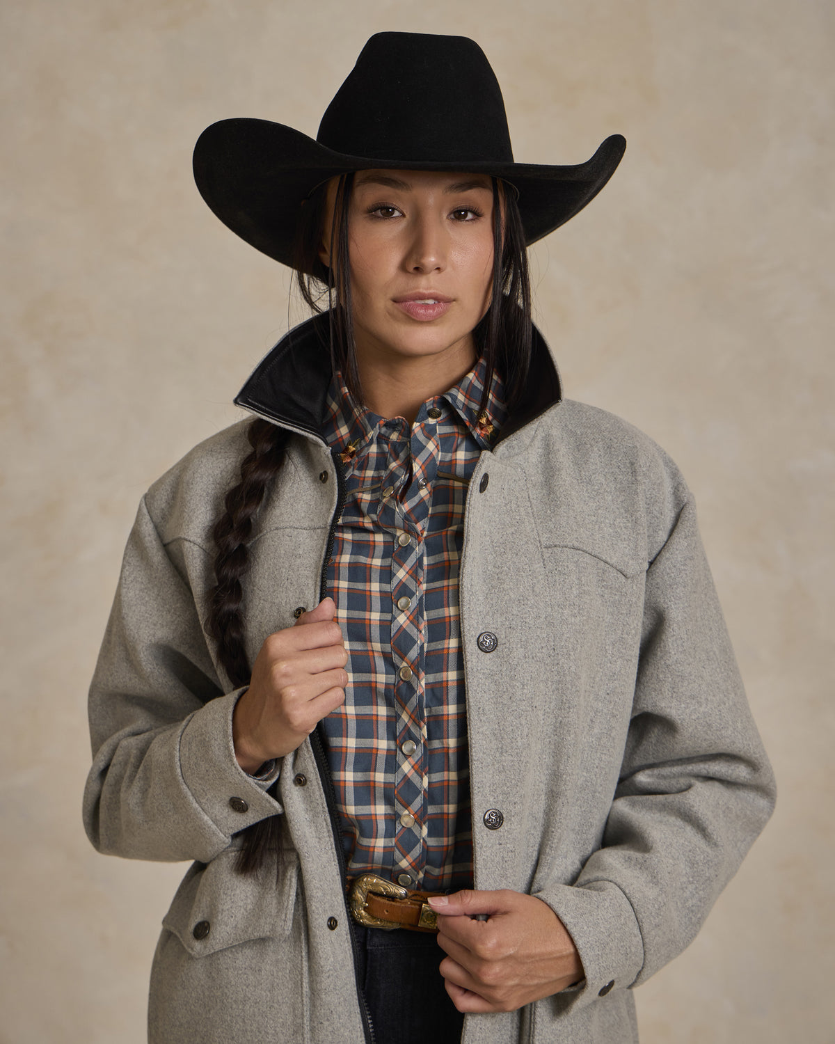 Light gray wool rancher jacket with snap button front and chest pockets