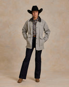 Light gray wool rancher jacket with flap pockets, snap buttons, and waist tie