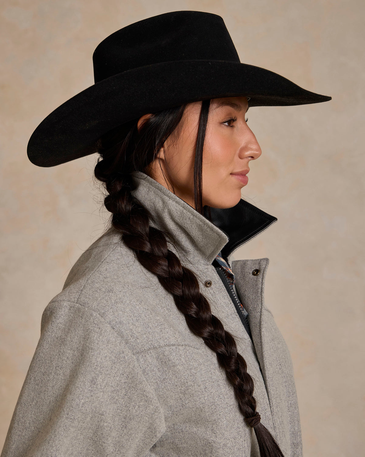 Light gray wool rancher jacket with raised collar and snap flap pockets