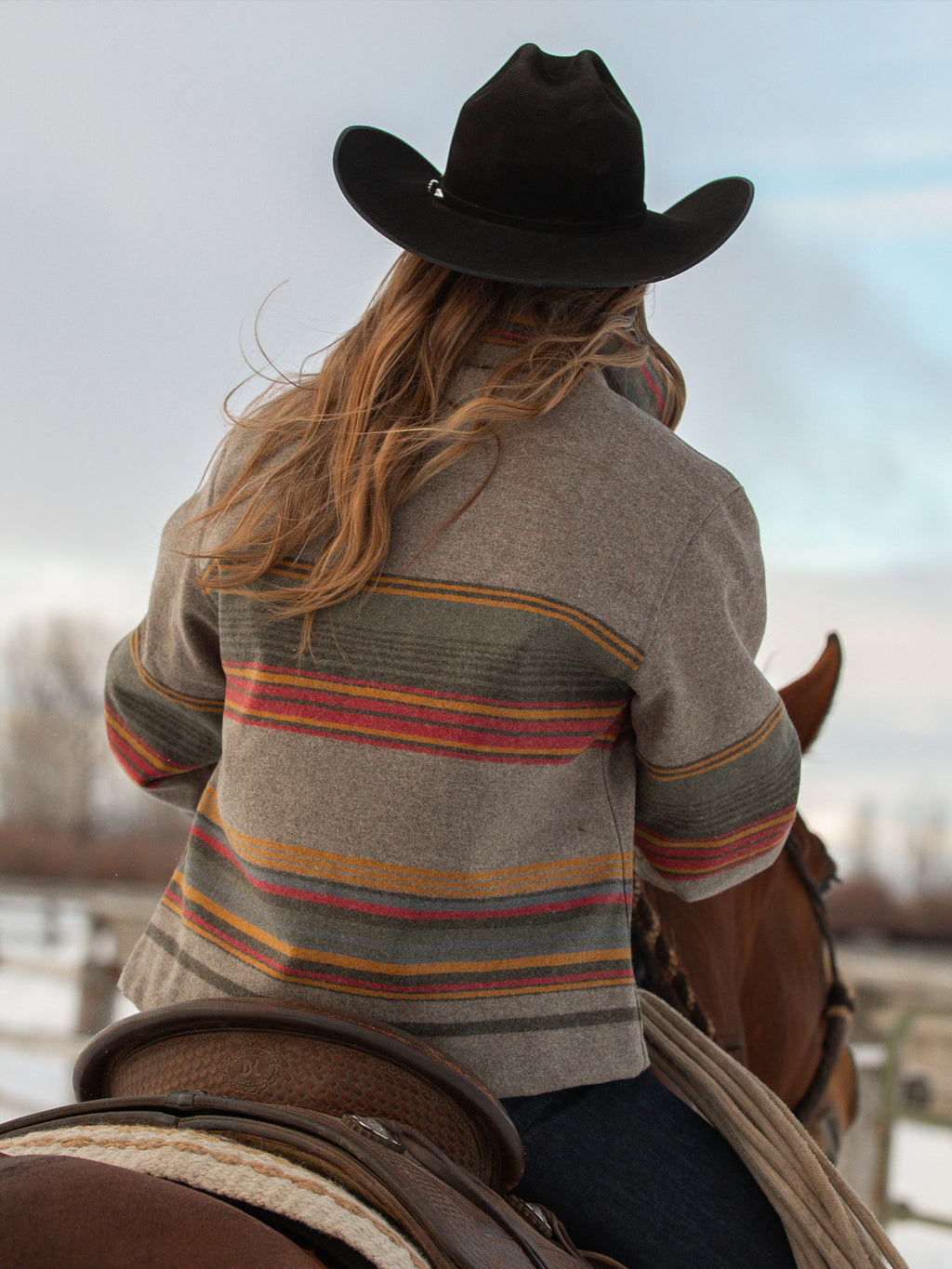 Women’s striped jacket in heather taupe with tan leather-style yoke, back view