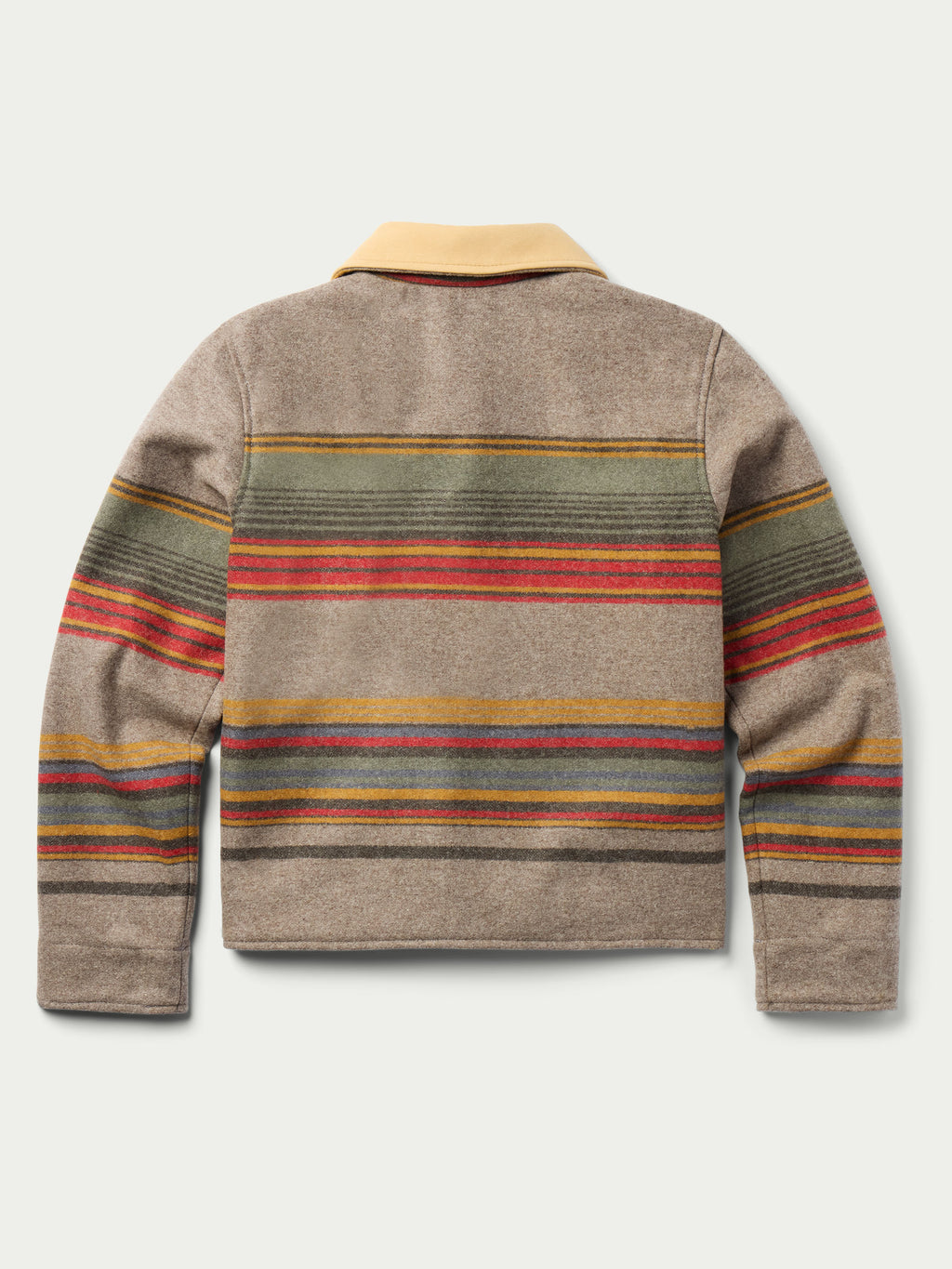 Back view of taupe striped women’s jacket with tan collar