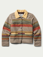 Front view of taupe striped women’s jacket with tan leather-look collar and metal snap buttons